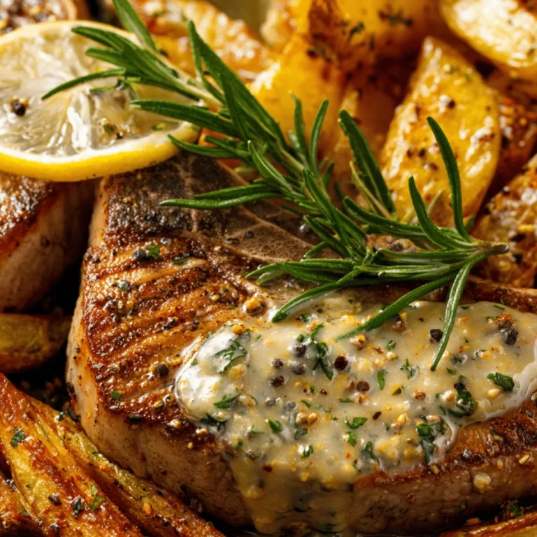 Crispy Garlic Lemon Potatoes with Juicy Pork Steaks